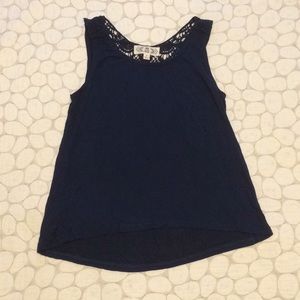 Pink Rose medium crocheted back navy tank